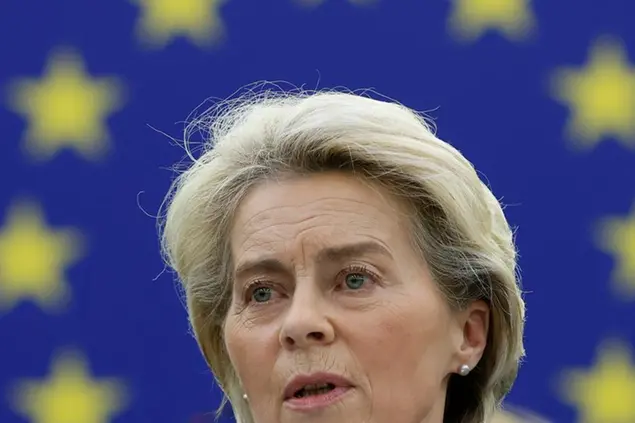 European Commission President Ursula von der Leyen delivers a speech during a debate on the conclusions of the European Council meeting of March 24-25 2022, including the latest developments of the war against Ukraine and the EU sanctions against Russia, Wednesday, April 6, 2022 in Strasbourg, eastern France. (AP Photo/Jean-Francois Badias)
