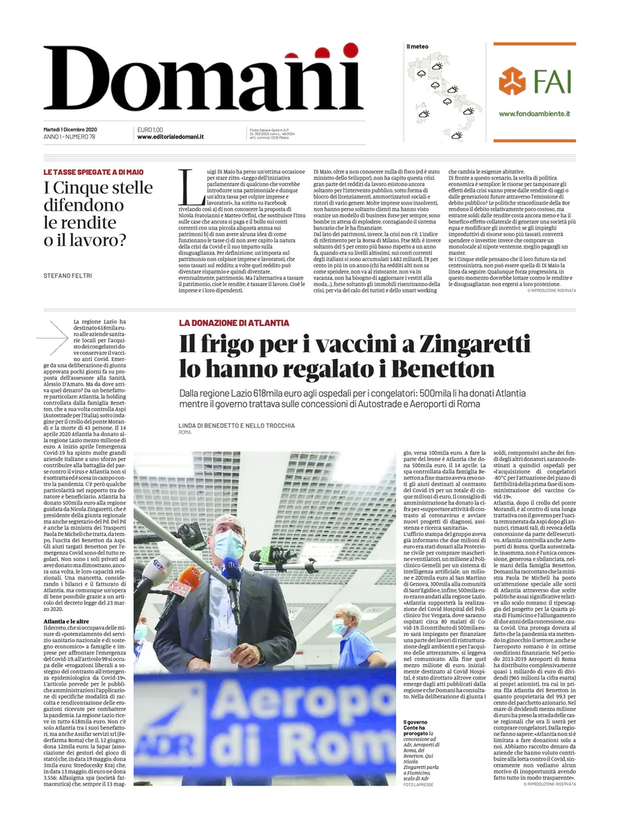 Una selezione fra le prime 100 prime pagine di Domani, dal 15 settembre al 23 dicembre 2020