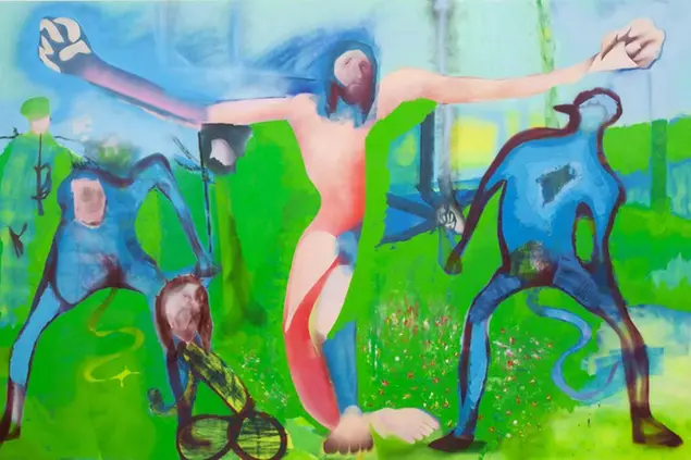 Alessandro Pessoli, Fiamma Pilota, 2011, olio, smalto, vernice spray su tela, 195x300 cm. Courtesy e © dell'artista e della Collezione Maramotti, Reggio Emilia.