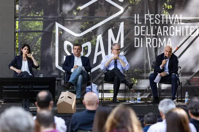 29/07/2021 Roma, Giardino della casa dell'Architettura, faccia a faccia tra il sindaco di Roma e i candidati sindaci, nella foto Virginia Raggi con Roberto Gualtieri, Enrico Michetti e Carlo Calenda