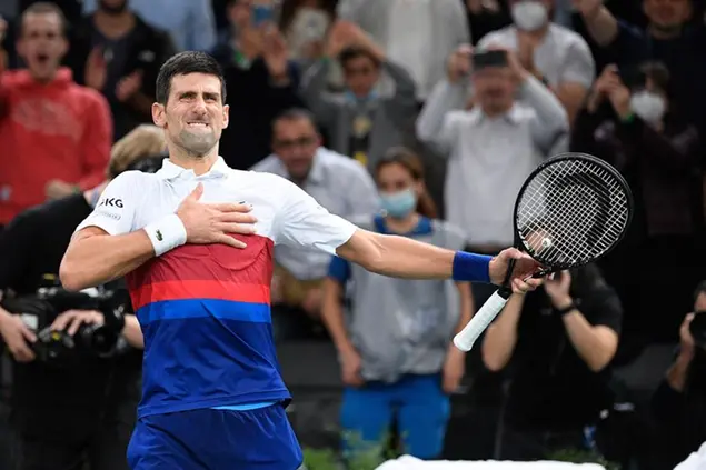 Novak Djokovic of Serbia celebrates his win over Hubert Hurkacz of Poland, during their semifinal match at the Paris Masters tennis tournament at the Accor Arena, in Paris, France, Saturday, Nov. 6, 2021.//04SAIDICHRISTOPHE_SIPA.1744/2111061801/Credit:CHRISTOPHE SAIDI/SIPA/2111061805