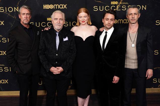 Alan Ruck, from left, Brian Cox, Sarah Snook, Kieran Culkin and Jeremy Strong attend HBO's \\\"Succession\\\" season 3 premiere at the American Museum of Natural History on Tuesday, Oct. 12, 2021, in New York. (Photo by Charles Sykes/Invision/AP)