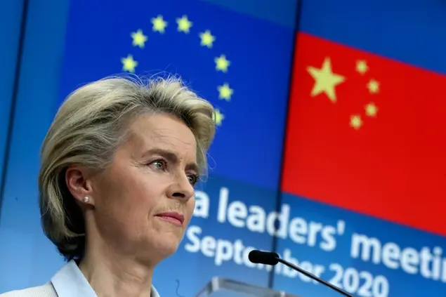 European Commission President Ursula von der Leyen during an online press conference with European Council President Charles Michel and German Chancellor Angela Merkel following an EU-China virtual summit at the European Council building in Brussels, Monday, Sept. 14, 2020. Michel, Merkel and Von der Leyen had talks in a videoconference with China's President Xi Jinping. (Yves Herman/Pool Photo via AP)