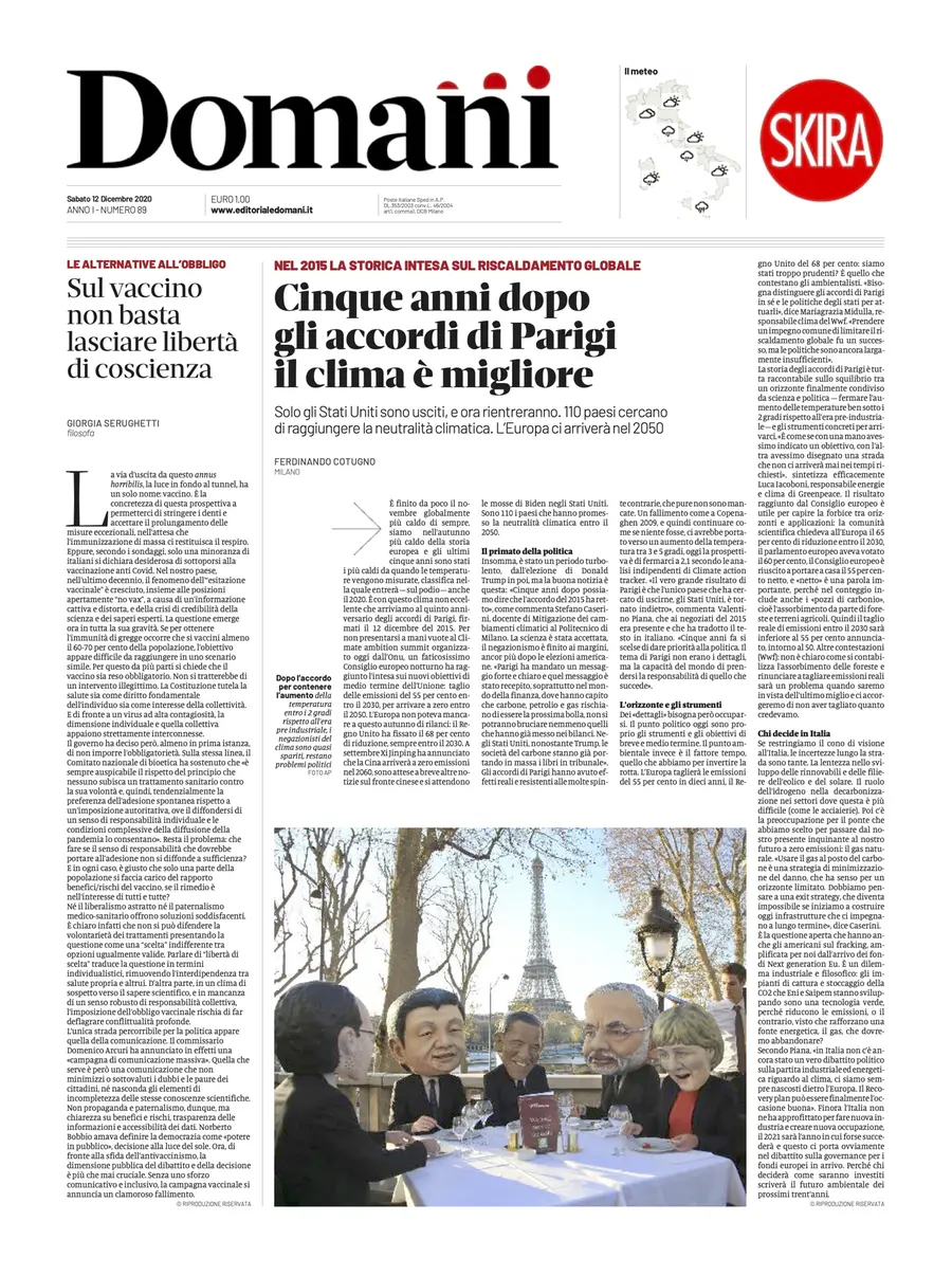 Una selezione fra le prime 100 prime pagine di Domani, dal 15 settembre al 23 dicembre 2020