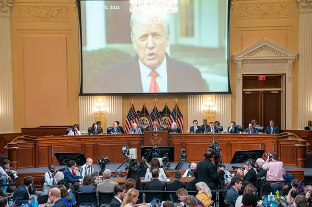 A video of former President Donald Trump from his January 6th Rose Garden statement is played as Cassidy Hutchinson, former aide to Trump White House chief of staff Mark Meadows, testifies as the House select committee investigating the Jan. 6 attack on the U.S. Capitol holds a hearing at the Capitol in Washington, Tuesday, June 28, 2022. (Sean Thew/Pool via AP)