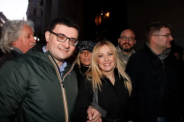 10/02/2018 Milano inaugurazione del Meeting Point di Fratelli d'Italia. Nella foto Giorgia Meloni con Roberto Jonghi Lavarini detto Barone nero, Deborah Dell'Acqua, Renato Maturo e Carlo Fidanza, tutti candidati