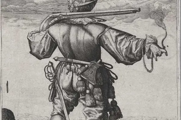Jacob de Gheyn, Darstellung eines Arkebusenschützen, 1600 circa; immagine Wikipedia
