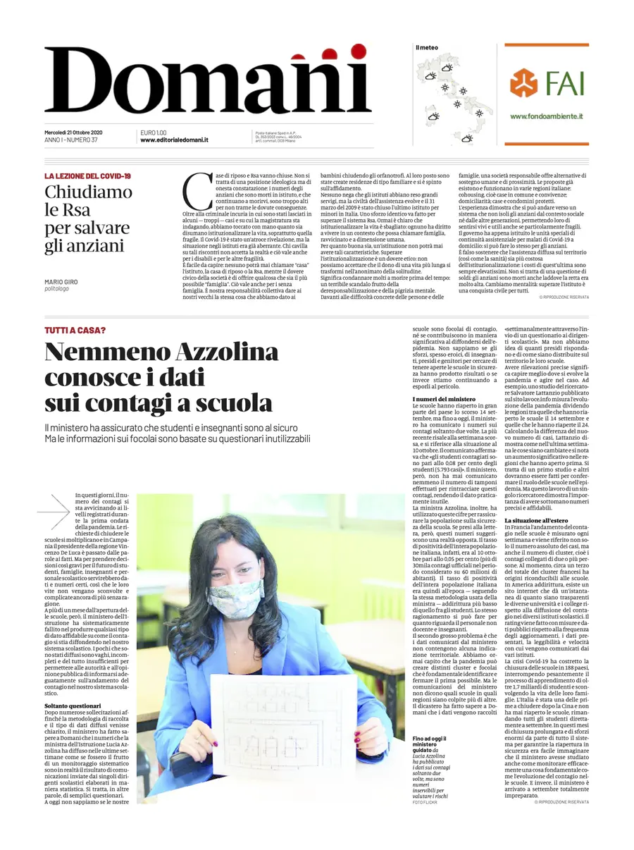 Una selezione fra le prime 100 prime pagine di Domani, dal 15 settembre al 23 dicembre 2020