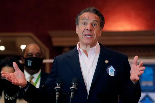 New York Gov. Andrew Cuomo speaks at Rochdale Village Community Center in the Queens borough of New York, Monday April 5, 2021. (Brendan McDermid/Pool Photo via AP)