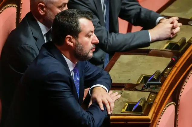 The League's leader Matteo Salvini takes his seat in the Italian Senate on the opening session of the new parliament, Thursday, Oct. 13, 2022. Italy voted on Sept. 25 to elect a new parliament. (AP Photo/Gregorio Borgia)