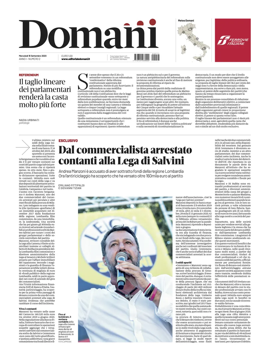 Una selezione fra le prime 100 prime pagine di Domani, dal 15 settembre al 23 dicembre 2020