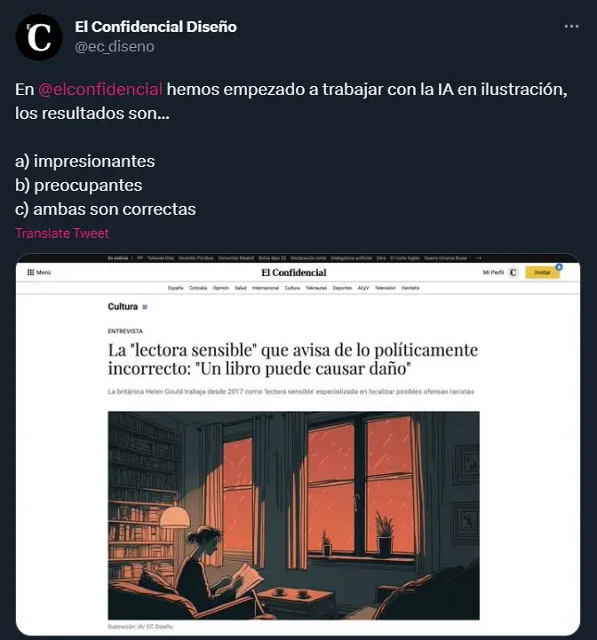 Un tweet del team di progettazione grafica di El Confidencial. Il testo recita: A El Confidencial abbiamo iniziato a lavorare con le immagini generate dall’IA, e i risultati sono... a) impressionanti b) preoccupanti c) entrambe le definizioni sono corrette