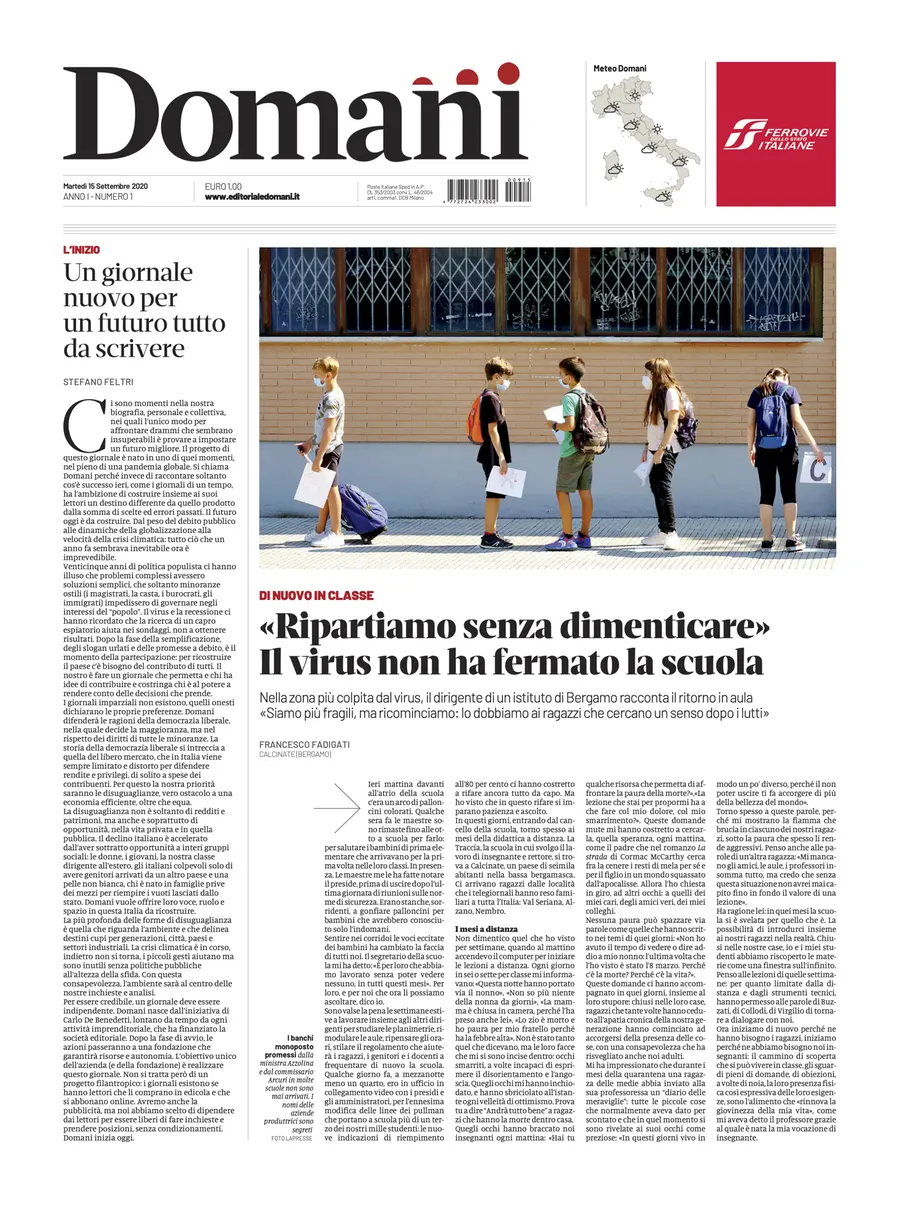 Una selezione fra le prime 100 prime pagine di Domani, dal 15 settembre al 23 dicembre 2020
