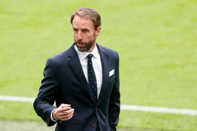 England's manager Gareth Southgate walks on the pitch before the Euro 2020 soccer championship round of 16 match between England and Germany, at Wembley stadium, in London, Tuesday, June 29, 2021. (Matthew Childs/Pool via AP)