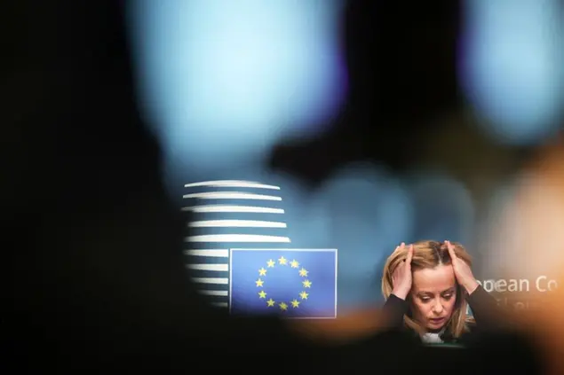 Italy's Prime Minister Giorgia Meloni prepares to address a media conference at the European Council building in Brussels, Friday, Feb. 10, 2023. (AP Photo/Olivier Matthys) Associated Press/LaPresse Only Italy and Spain