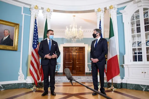 Secretary of State Antony Blinken, right, speaks ahead of a bilateral meeting with Italy's Foreign Minister Luigi Di Maio, left, at the State Department, Monday, April 12, 2021 in Washington. (Mandel Ngan/Pool via AP)