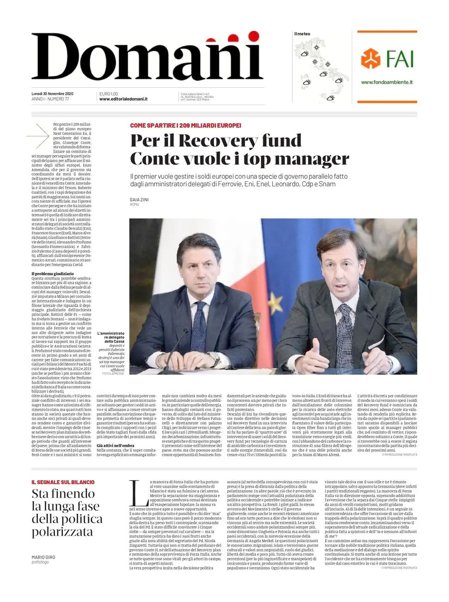 Una selezione fra le prime 100 prime pagine di Domani, dal 15 settembre al 23 dicembre 2020