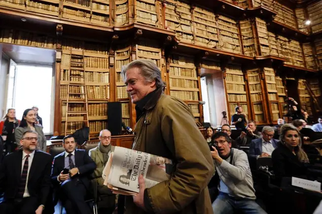 FILE - In this Thursday, March 21, 2019 file photo former White House strategist Steve Bannon arrives to deliver his speech on the occasion of a meeting at Rome's Angelica Library. Italy’s top administrative court, the Council of State, has ruled Monday March 15, 2021, against a conservative think tank affiliated with former White House adviser Steve Bannon over its use of the Certosa di Trisulti monastery, located in the province of Frosinone south of Rome, to train future populist leaders. (AP Photo/Gregorio Borgia, file)
