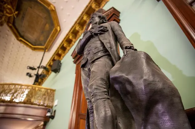 A statue of Thomas Jefferson holding the Declaration of Independence stands in New York's City Hall Council Chamber on Wednesday, October 20, 2021. The 1833 statue of Jefferson will be removed from the council chamber by the end of the year. Some New York City Council members have called for years to remove the statue from the room where they conduct business because Jefferson was a slaveholder. (AP Photo/Ted Shaffrey)