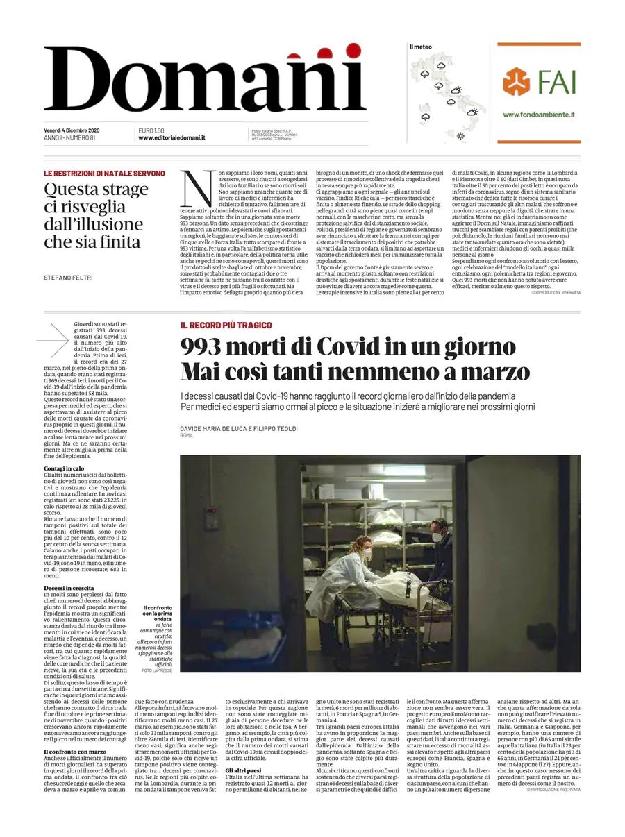 Una selezione fra le prime 100 prime pagine di Domani, dal 15 settembre al 23 dicembre 2020