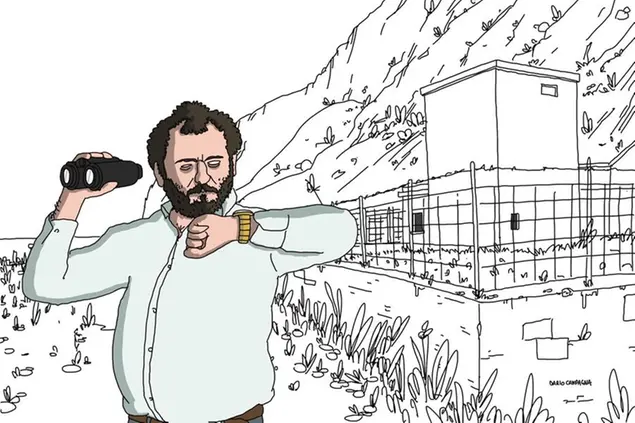 Giovanni Brusca sulla collinetta da cui premette il telecomando per la strage di Capaci (illustrazione di Dario Campagna)
