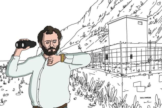 Giovanni Brusca sulla collinetta da cui premette il telecomando per la strage di Capaci (illustrazione di Dario Campagna)