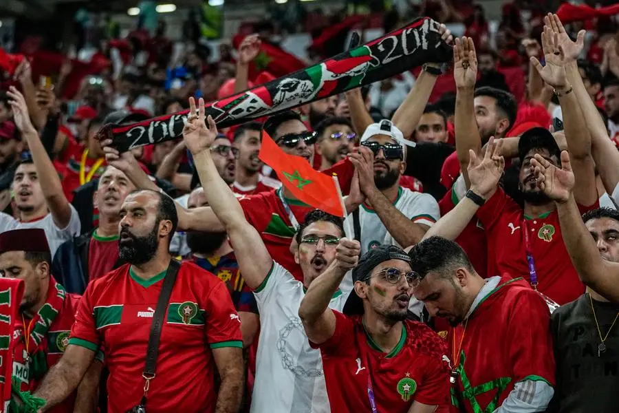 Morocco fans cheer before the World Cup quarterfinal soccer match between Morocco and Portugal, at Al Thumama Stadium in Doha, Qatar, Saturday, Dec. 10, 2022. (AP Photo/Ariel Schalit) Associated Press/LaPresse EDITORIAL USE ONLY/ONLY ITALY AND SPAIN