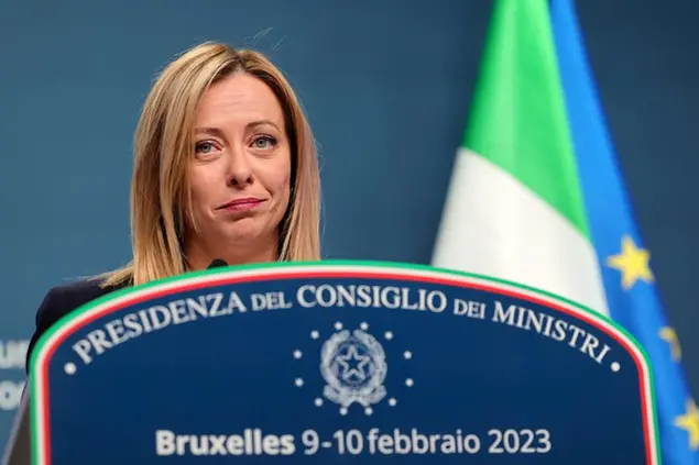 Italy's Prime Minister Giorgia Meloni speaks during a media conference at the European Council building in Brussels, Friday, Feb. 10, 2023. (AP Photo/Olivier Matthys) Associated Press/LaPresse Only Italy and Spain