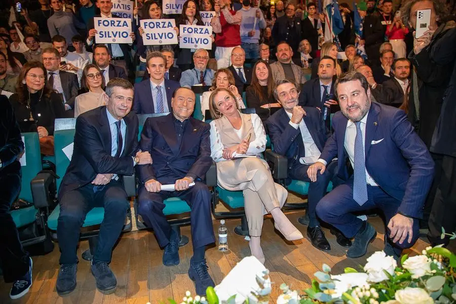 07 Febbraio 2023 Milano, Italia Chiusura campagna elettorale Attilio Fontana Nella foto Silvio Berlusconi, Matteo Salvini,Attilio Fontana, Giorgia Meloni,Maurizio Lupi Ermes Beltrami/LaPresse