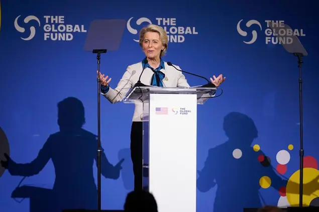 European Commission President Ursula von der Leyen speaks during the Global Fund's Seventh Replenishment Conference, Wednesday, Sept. 21, 2022, in New York. (AP Photo/Evan Vucci)