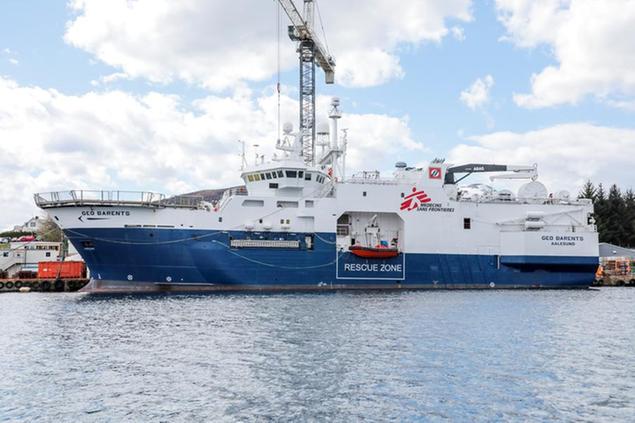 MSF's new chartered ship, the M/V Geo Barents in Fiskarstrand shipyard Norway getting ready to sail.
