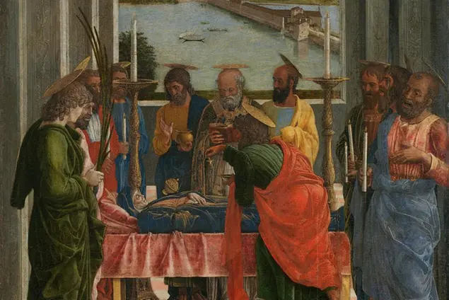 Particolare della morte della Vergine di Mantegna (1462 ca)