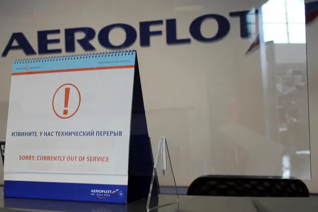 Closed Aeroflot counter at Vaclav Havel Airport in Prague, Czech Republic, March 9, 2022. The Czech Republic fully close airspace to Russian airlines after Ukraine was attacked by Russia. Photo/Milos Ruml (CTK via AP Images)