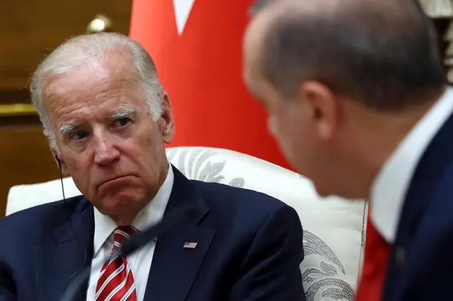 FILE- In this Wednesday, Aug. 24, 2016 file photo, then U. S. Vice President Joe Biden, left, listens to Turkish President Recep Tayyip Erdogan during a meeting in Ankara, Turkey. Erdogan has toned down his anti-Western and anti-US rhetoric in an apparent effort to reset the rocky relationship with his NATO allies. So far, however, heâ€™s been met by silence from U.S. President Joe Biden. Nearly two months into his presidency, Biden still hasnâ€™t called Erdogan, which some in Turkey see as a worrying sign. (Kayhan Ozer, Presidential Press Service Pool via AP, File)
