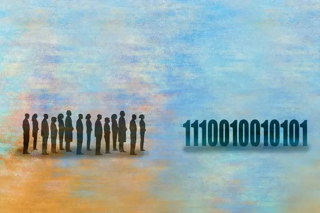 Line of people and line of binary code data (Ikon Images via AP Images)