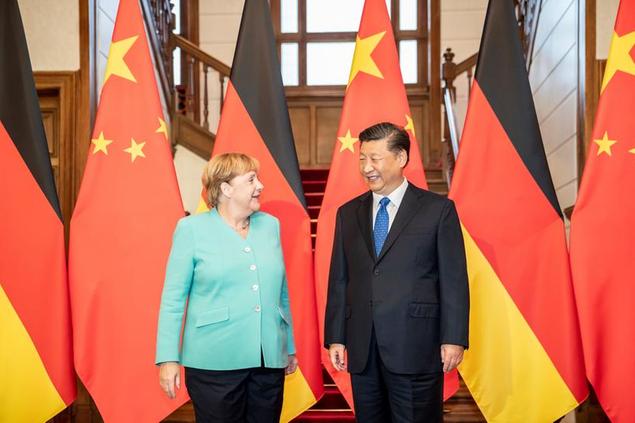 06 September 2019, China, Peking: Federal Chancellor Angela Merkel (CDU) is greeted in the Zijin Guest House by Xi Jinping, President of the People's Republic of China, before the start of a four-eyed discussion. Merkel is on a two-day visit to the People's Republic of China. Photo by: Michael Kappeler/picture-alliance/dpa/AP Images