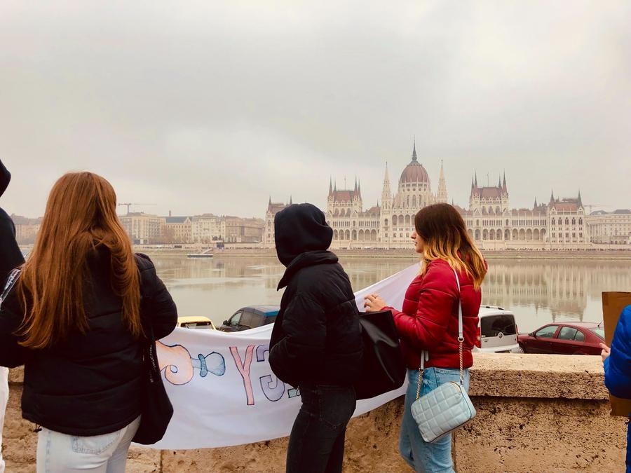 (Giovani studentesse alla protesta di venerd\\u00EC 18 novembre a Budapest. Foto FDB)