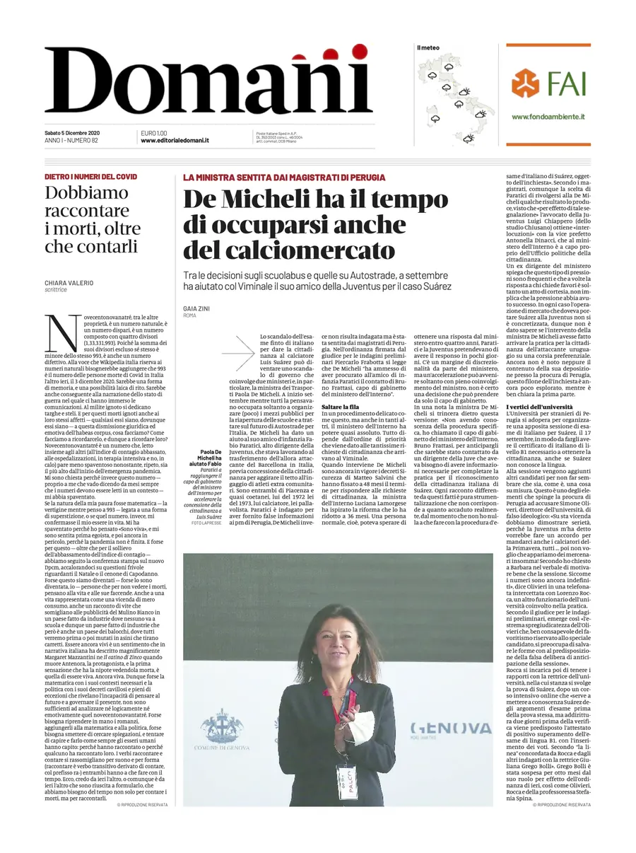 Una selezione fra le prime 100 prime pagine di Domani, dal 15 settembre al 23 dicembre 2020