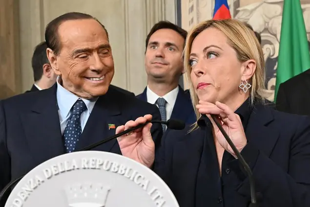 Former premier, leader of the Forza Italia (FI) party Silvio Berlusconi (L) and President of the Brothers of Italy party (Fratelli d'Italia, (FdI) Giorgia Meloni (R) address the media after a meeting with Italian President Sergio Mattarella for the first round of formal political consultations for new government at the Quirinale Palace in Rome, Italy, 21 October 2022. ANSA/ETTORE FERRARI