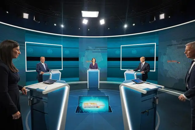 Candidates for chancellor from left, Armin Laschet, Annalena Baerbock and Olaf Scholz stand before the broadcast in the TV studio in Berlin, Sunday, Aug. 29, 2021. The debateÂ\\u00A0is the first of three ahead of the parliamentary election on Sept. 26. The contenders are Armin Laschet for Merkelâ€™s center-right Union bloc, Olaf Scholz for the center-left Social Democrats and Annalena Baerbock for the environmentalist Greens. Recent polls show no party forecast to receive more than a quarter of the vote. At front are moderators Pinar Atalay, left, and Peter Kloeppel. (Michael Kappeler/Pool via AP)