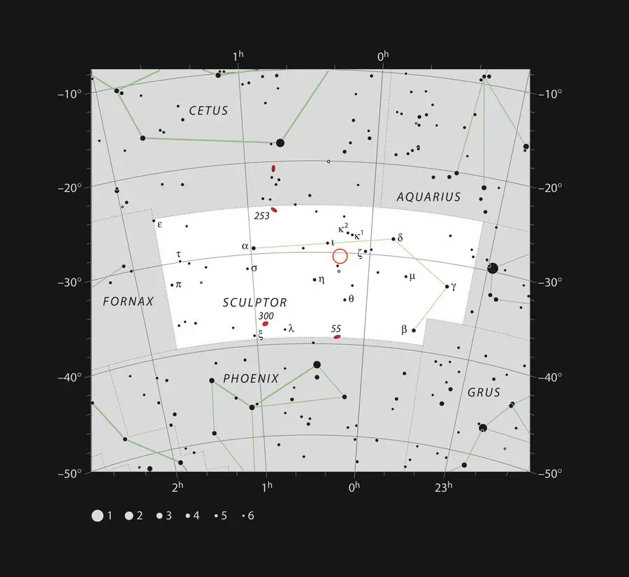 Questo grafico mostra l'ubicazione del sistema planetario TOI-178 nella costellazione dello Scultore. La mappa include la maggior parte delle stelle visibili a occhio nudo in buone condizioni osservative. La posizione del sistema è indicata da un cerchio rosso. (ESO, IAU and Sky & Telescope)