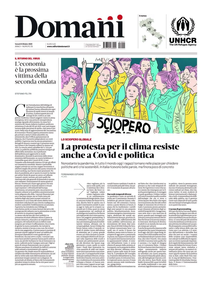 Una selezione fra le prime 100 prime pagine di Domani, dal 15 settembre al 23 dicembre 2020