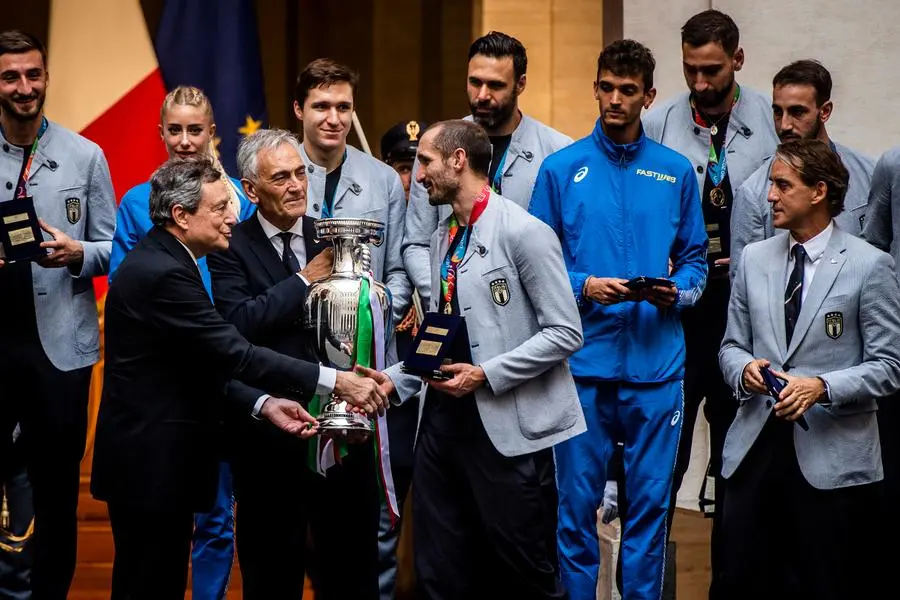 12/07/2021 Roma, La nazionale italiana di calcio viene ricevuta dal Presidente del Consiglio Mario Draghi dopo la vittoria all'europeo