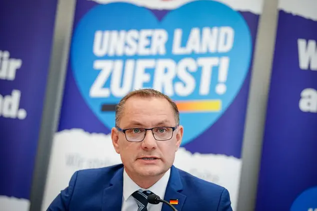 10 October 2022, Berlin: Tino Chrupalla, AfD federal chairman and AfD parliamentary group leader, gives a press conference on the outcome of the state election in Lower Saxony. Photo by: Kay Nietfeld/picture-alliance/dpa/AP Images