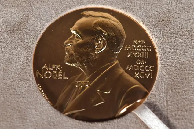 FILE - A Nobel medal displayed during a ceremony in New York, Tuesday, Dec. 8, 2020. (Angela Weiss/Pool Photo via AP, File)