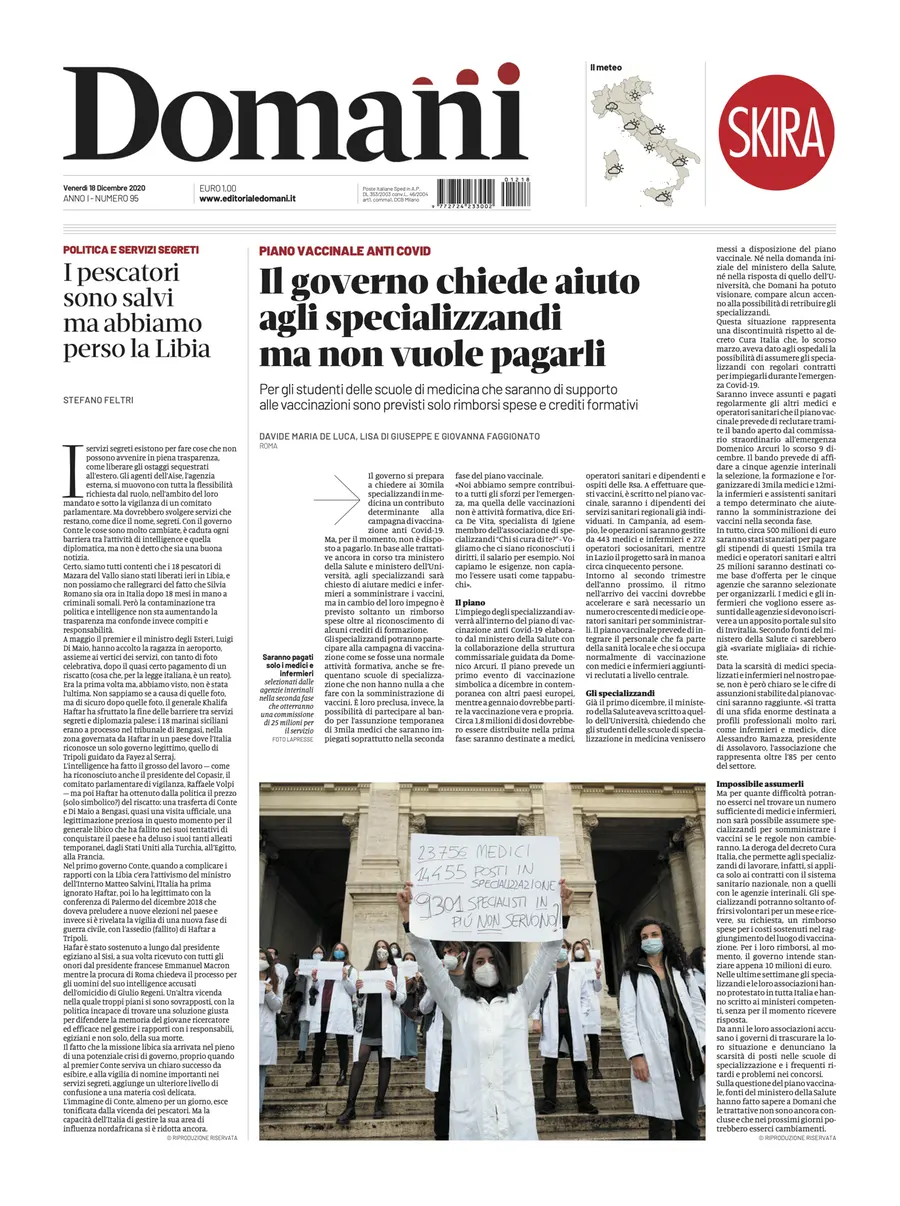 Una selezione fra le prime 100 prime pagine di Domani, dal 15 settembre al 23 dicembre 2020