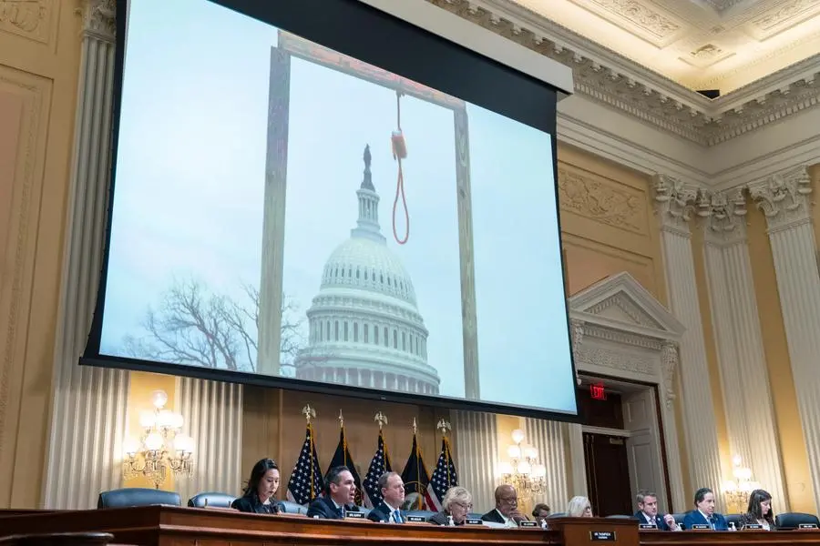 UNITED STATES - DECEMBER 19: A photo of the noose erected outside the Capitol on January 6, 2021 is displayed during the Select Committee to Investigate the January 6th Attack on the United States Capitol final hearing on Monday, December 19, 2022. (Bill Clark/CQ Roll Call via AP Images)
