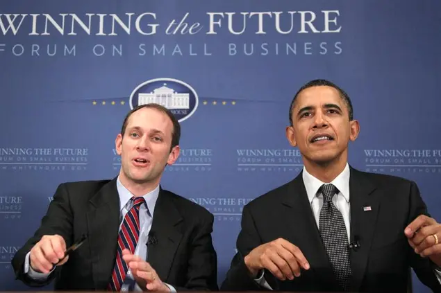 President Barack Obama and Council of Economic Advisers Chairman Austan Goolsbee, participate in an online chat session during the Winning the Future Forum on Small Business at Cleveland State University in Cleveland, Tuesday, Feb. 22, 2011. (AP Photo/Carolyn Kaster)