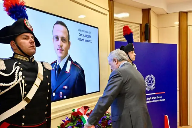 Il ministro degli Esteri Antonio Tajani, durante un evento di commemorazione in memoria dell'ambasciatore Luca Attanasio, del carabiniere Vittorio Iacovacci e dell'autista Mustangs Milambro