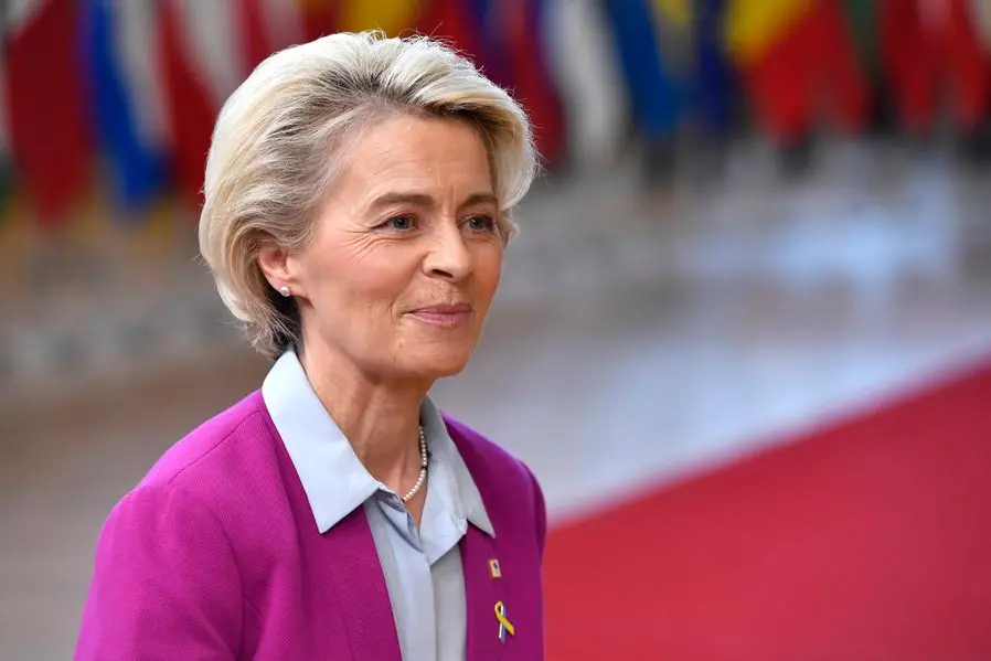 European Commission President Ursula von der Leyen speaks with the media as she arrives for an EU summit in Brussels, Thursday, Oct. 20, 2022. European Union leaders were heading into a two-day summit Thursday with opposing views on whether, and how, the bloc could impose a gas price cap to contain the energy crisis fueled by Russian President Vladimir Putin's invasion of Ukraine and his strategy to choke off gas supplies to the bloc at will. (AP Photo/Geert Vanden Wijngaert)